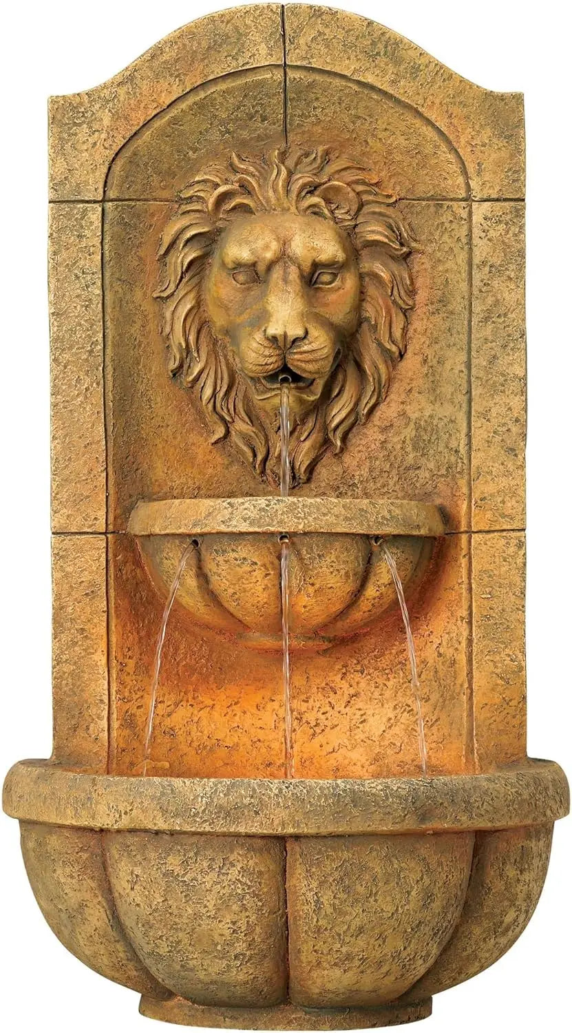 Royal Lion Head Faux Stone Wall Fountain with Light