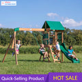 Buckley Hill Cedar Wood Swing Set with Wave Slide, Play Deck, Rock Wall Ladder, Belt Swings, Chalkboard,