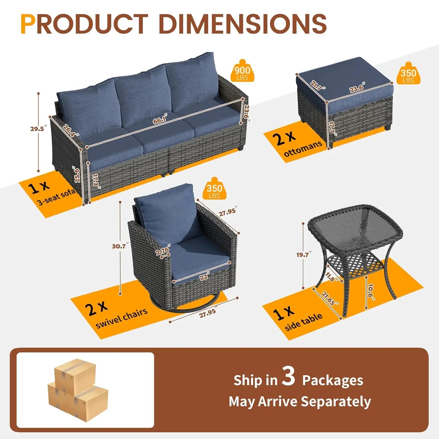 6pc Gray PE Rattan Sectional Sofa Set Swivel Chair & Side Table 4" Cushions