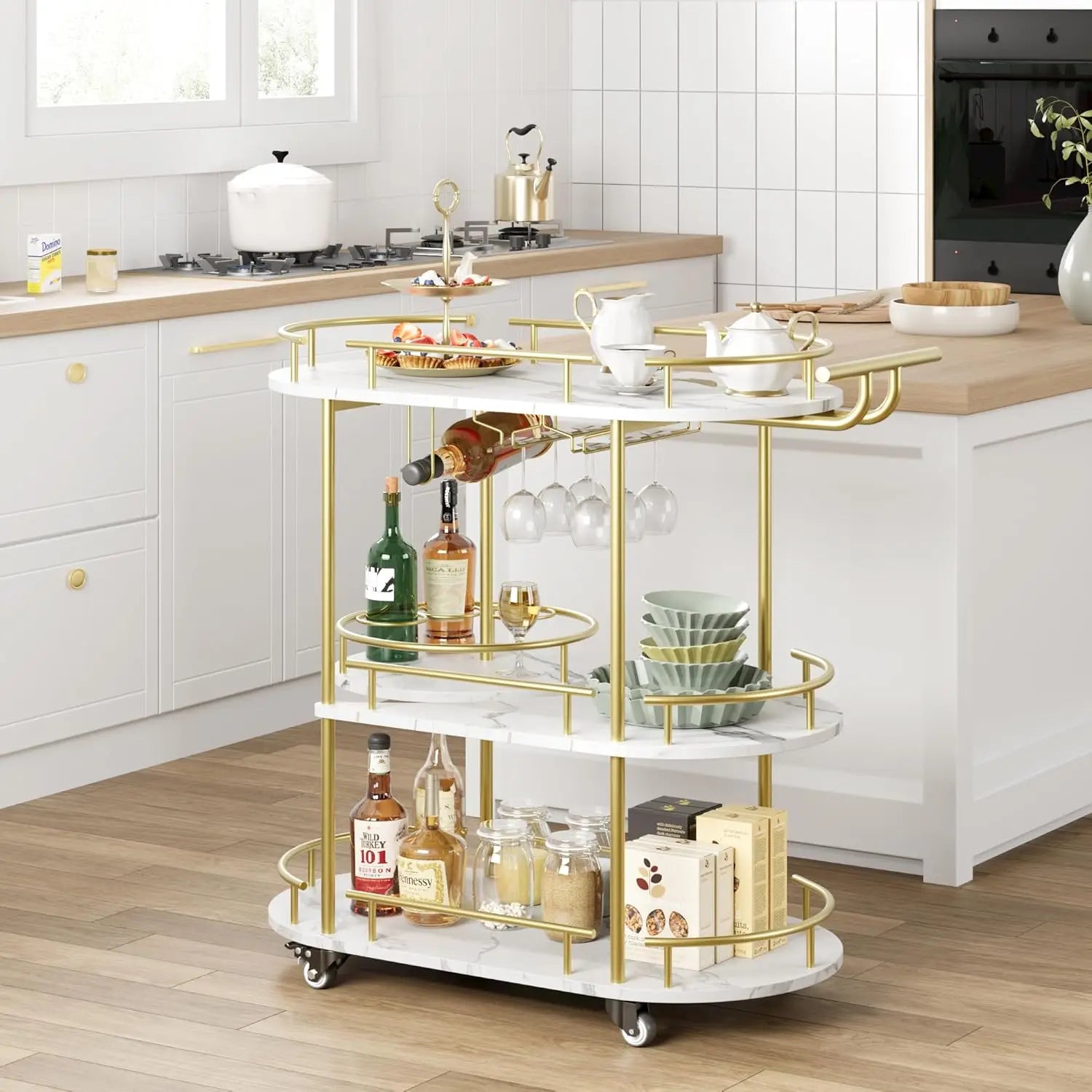 Gold Bar Carts with 4-Tiers Storage Shelves