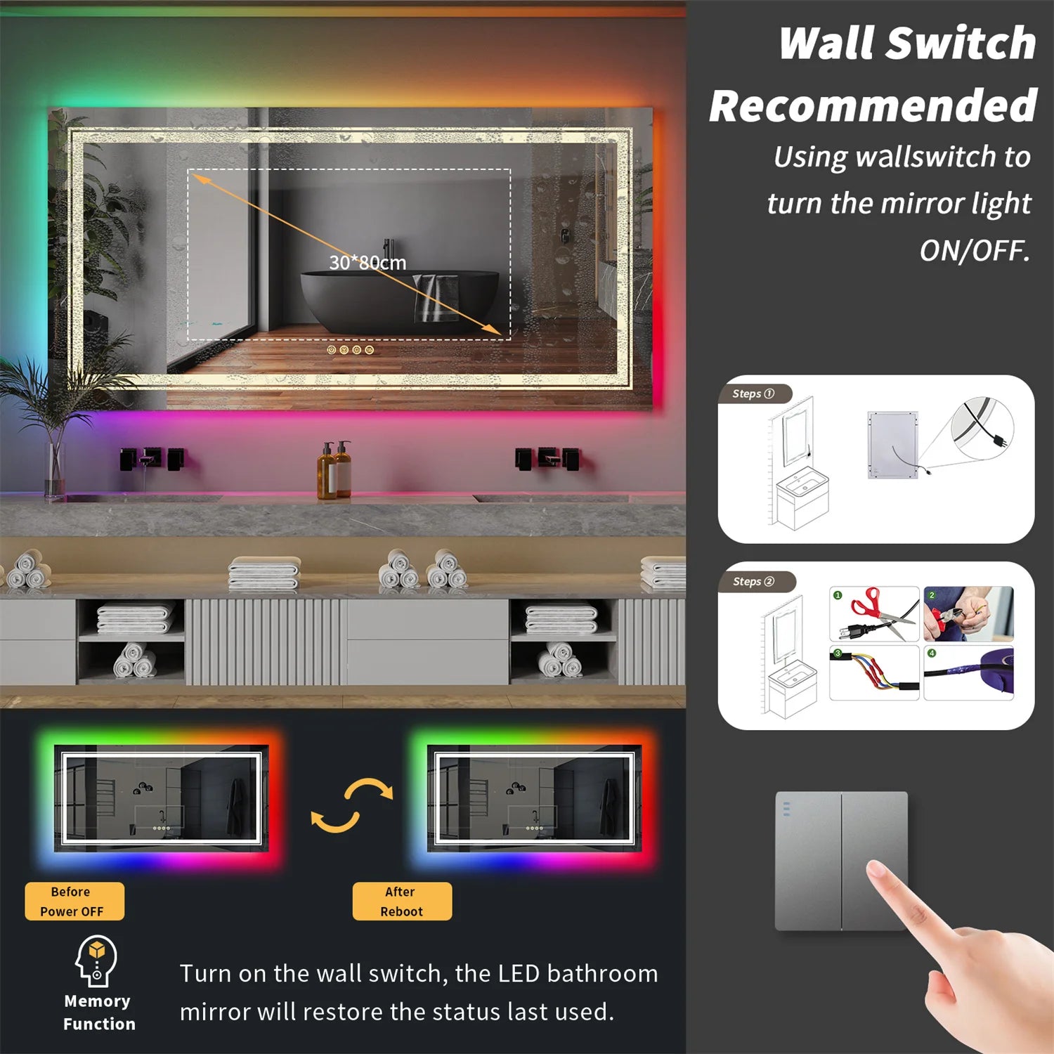 Bathroom LED Vanity Mirror RGB Color Changing Backlit Bathroom Mirror