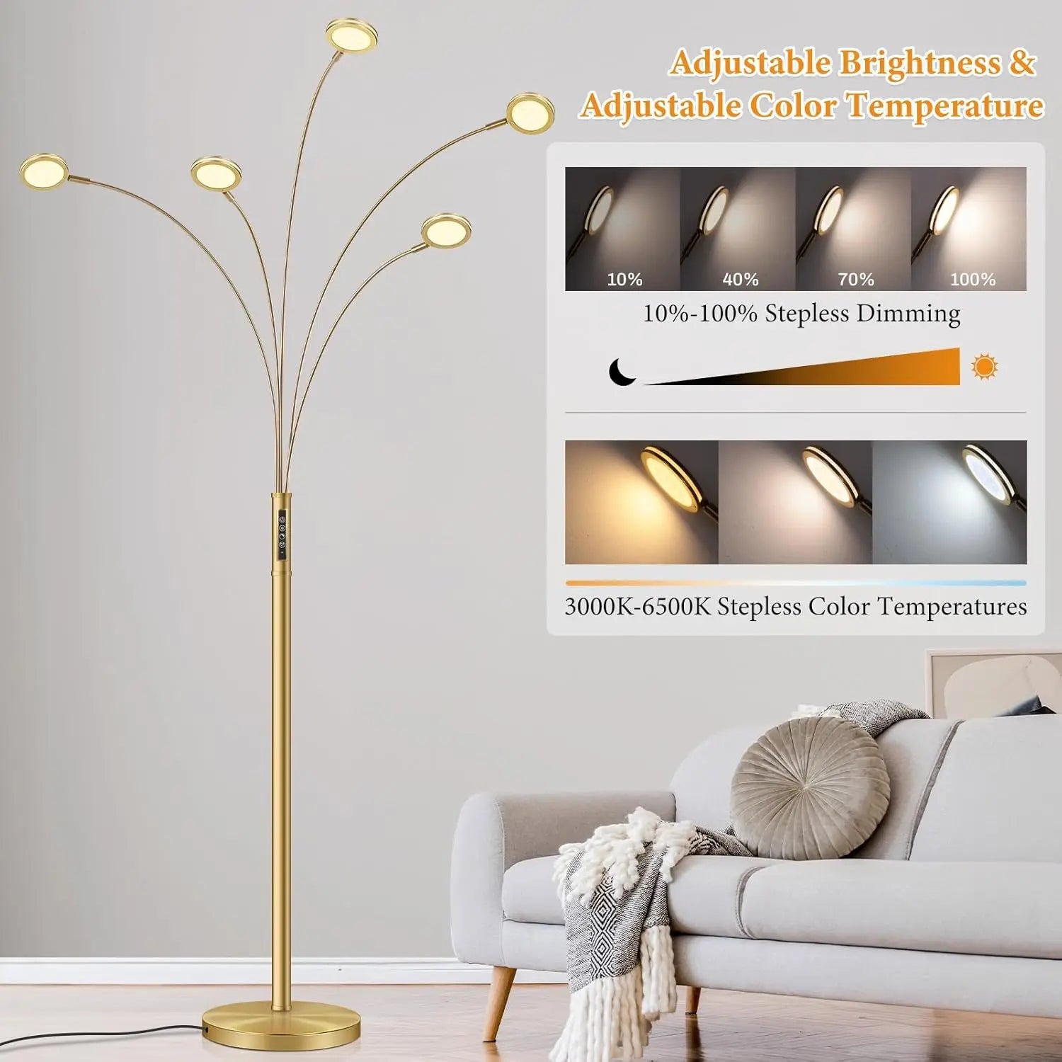 GOLD ADJUSTABLE ARMS LED TALL FLOOR LAMP REMOTE CONTROL DIMMABLE