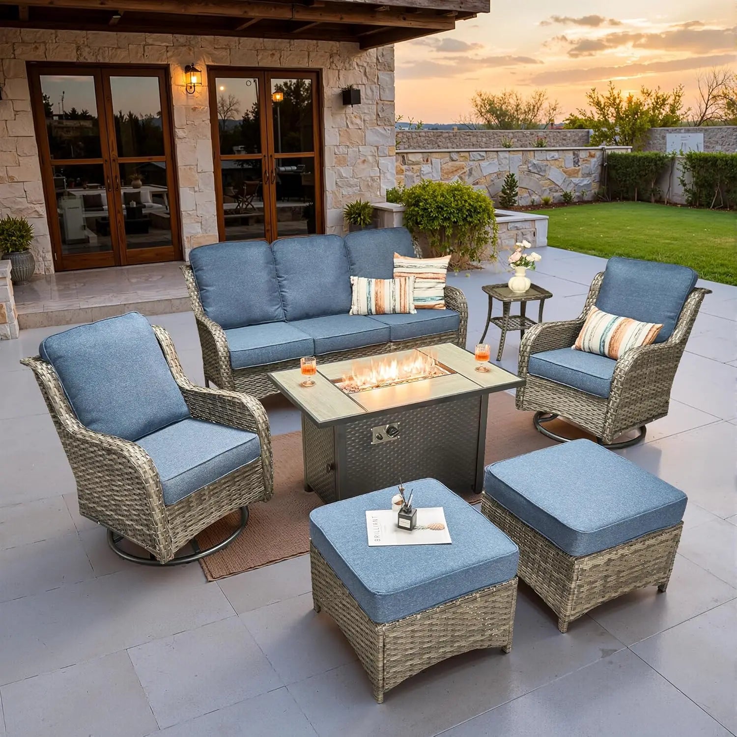 7 Pieces Patio Furniture Set, Outdoor Wicker Sofa Couch with Swivel Chairs 42" Fire Pit Table