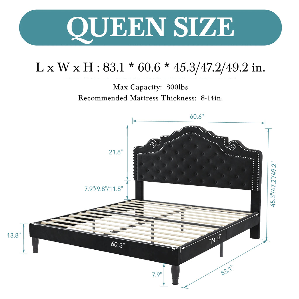 HOOMIC Full/Queen/King Size Velvet Bed Frame with Adjustable Tiara Headboard