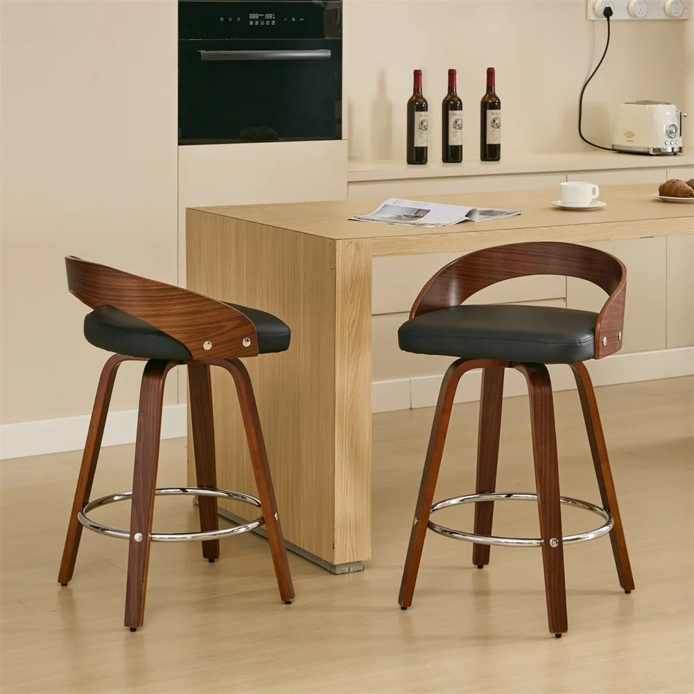 2 PCS Bar Pub Stools Set 360-degree Swivel Barstools with Low Back Wood Legs Chairs with Soft Cushion Seat Footrest