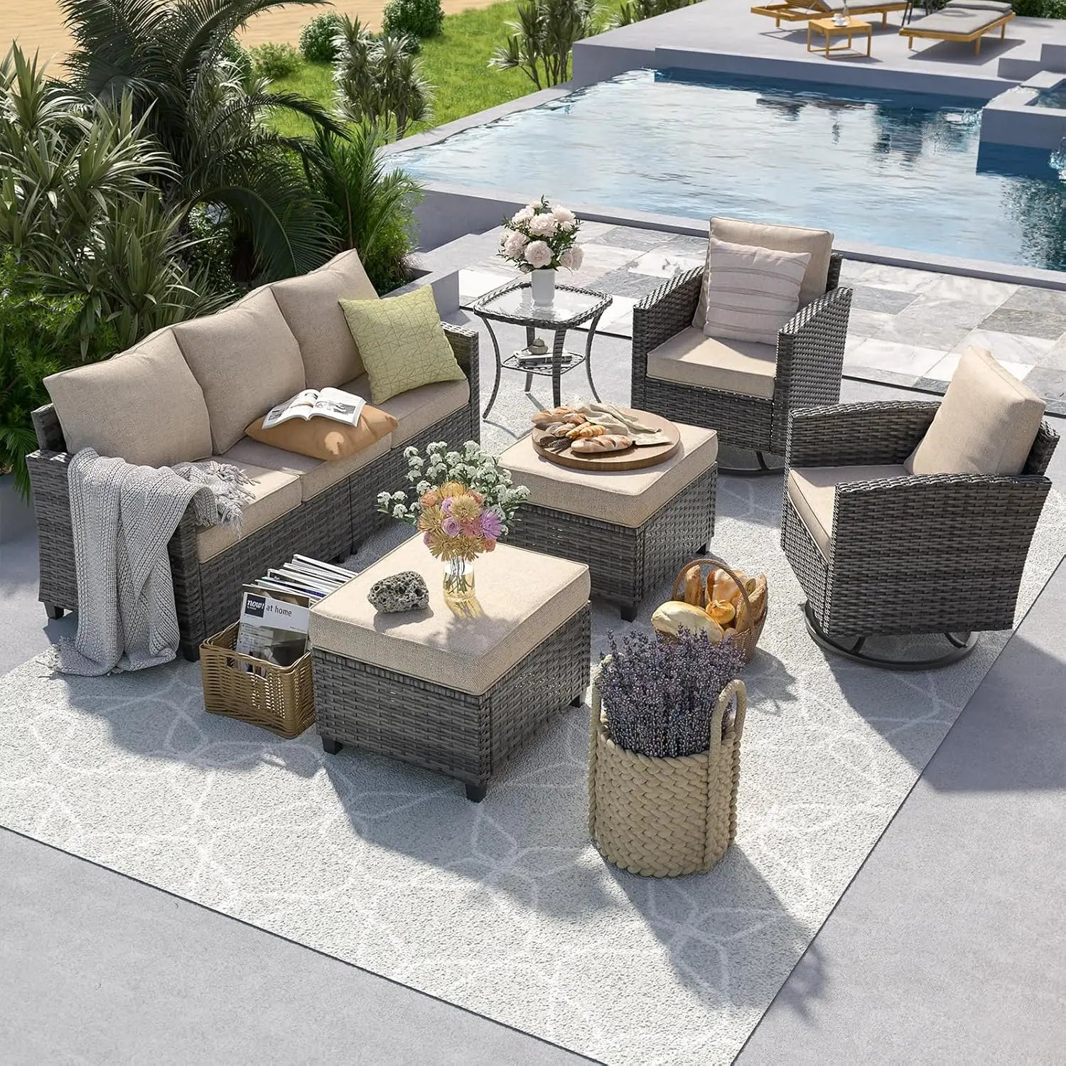 6pc Gray PE Rattan Sectional Sofa Set Swivel Chair & Side Table 4" Cushions