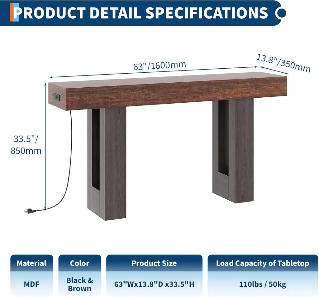 63 Inch Console Table with Power Outlet