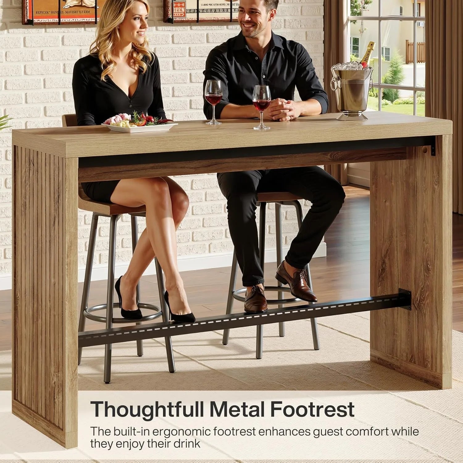 Rectangular Bar Table, 55-Inch Counter Height Pub Table with Metal Footrest