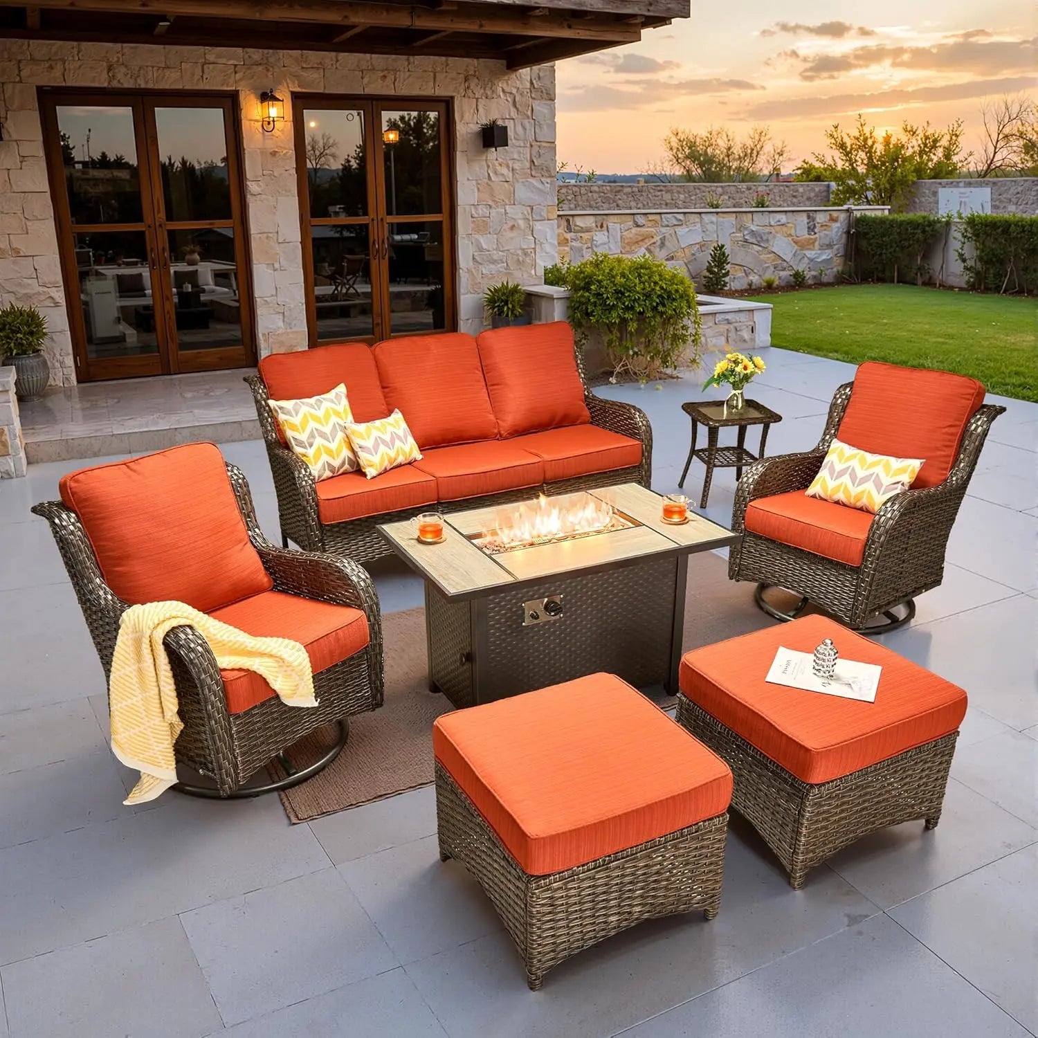 7 Pieces Patio Furniture Set, Outdoor Wicker Sofa Couch with Swivel Chairs 42" Fire Pit Table