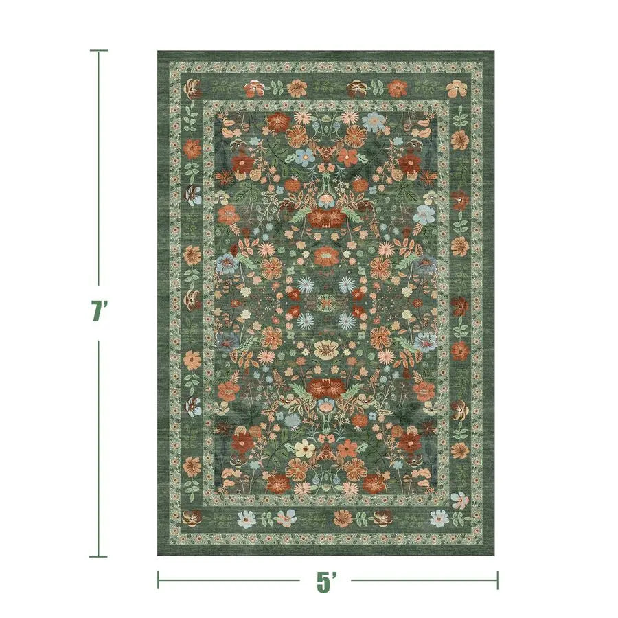 Green Floral Area Rug 5x7 Vintage Boho Washable