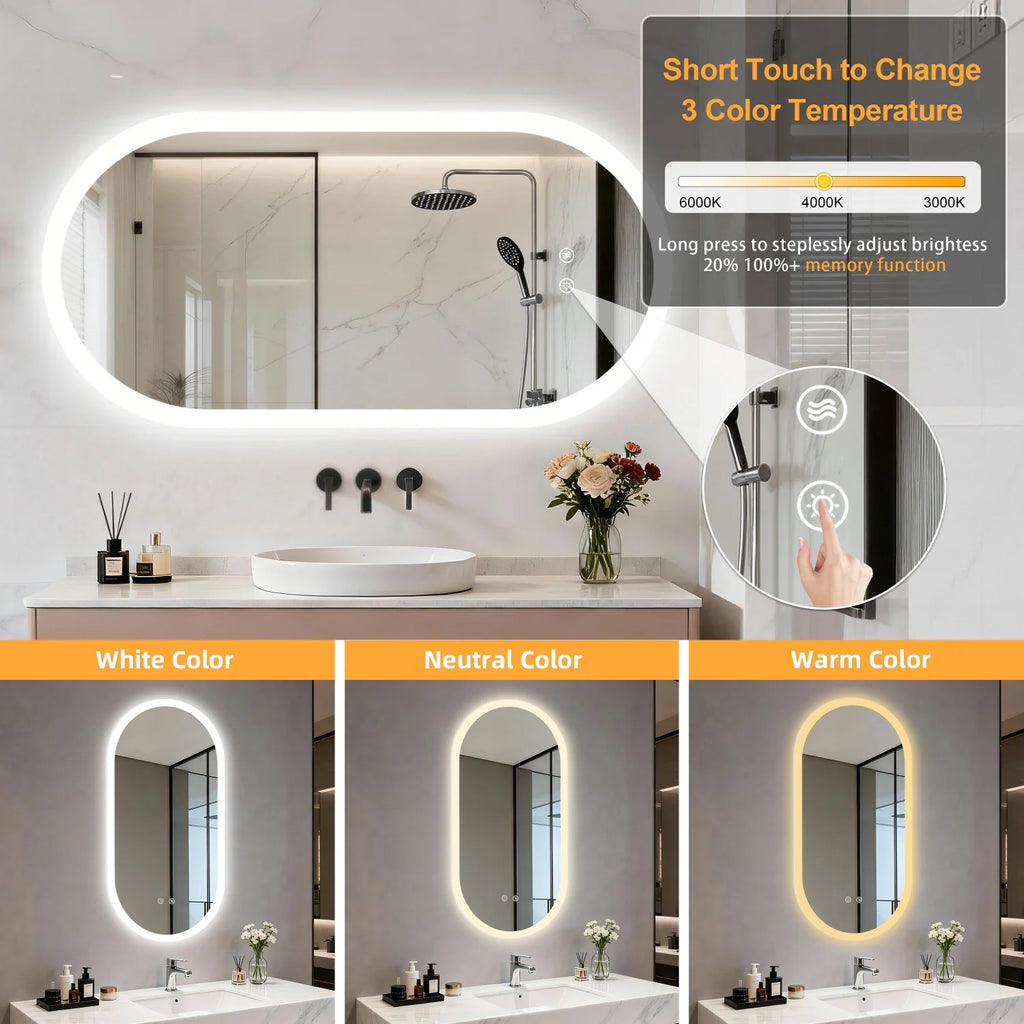 Oval LED Bathroom Mirror Backlit Wall Mounted Illuminated Bathroom Vanity Mirror