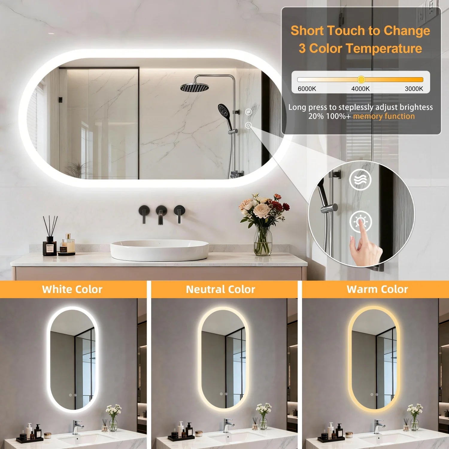 Oval LED Bathroom Mirror Backlit Wall Mounted Illuminated Bathroom Vanity Mirror