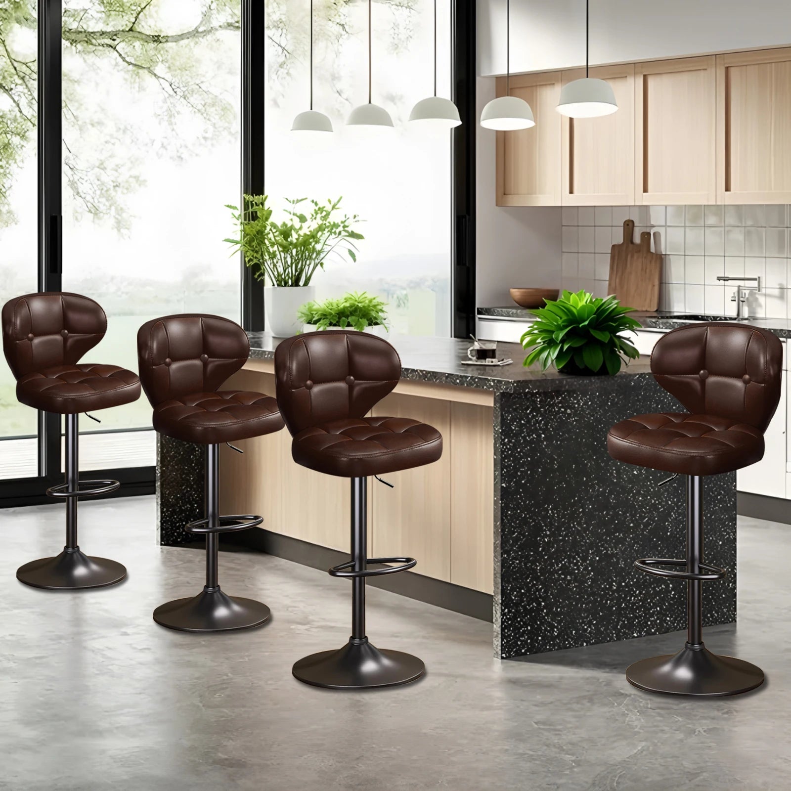 Bar Stools Set of 4, Adjustable Swivel Counter Height Chairs with Backrest and Footrest, Faux Leather