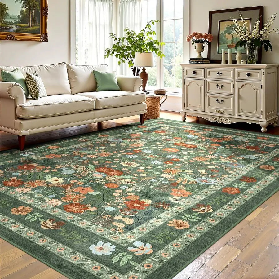Green Floral Area Rug 5x7 Vintage Boho Washable