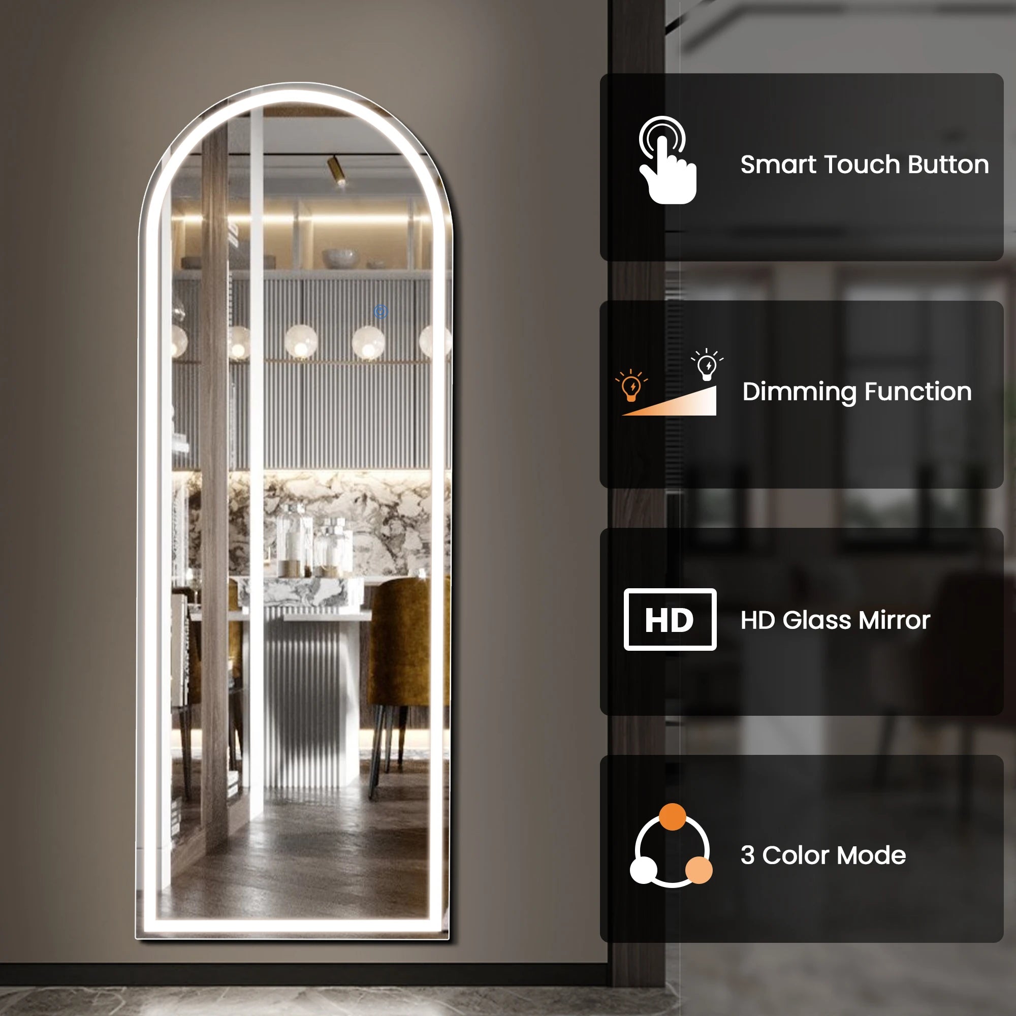 JHK 71"x26" Led Dimming Full Length Mirror 3 Color Lighting