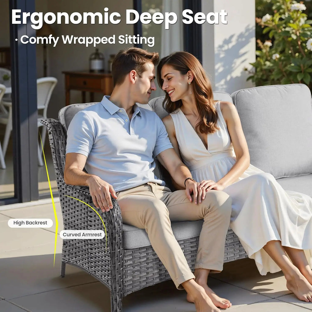 7 Pieces Patio Furniture Set, Outdoor Wicker Sofa Couch with Swivel Chairs 42" Fire Pit Table