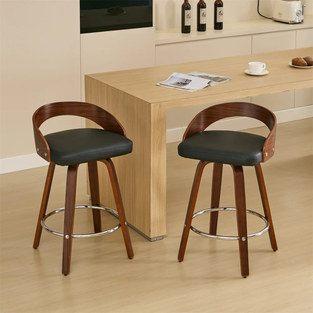 2 PCS Bar Pub Stools Set 360-degree Swivel Barstools with Low Back Wood Legs Chairs with Soft Cushion Seat Footrest