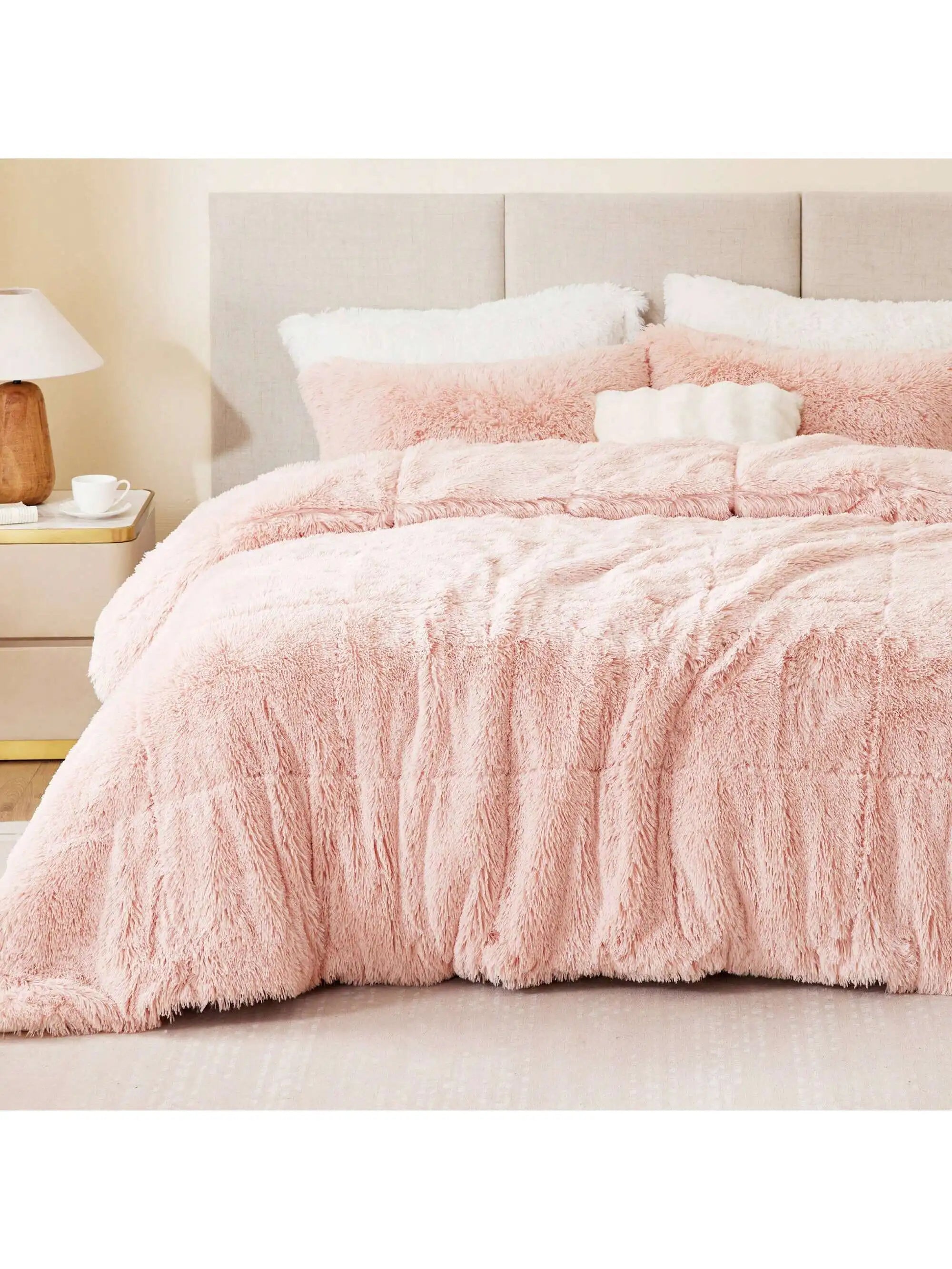 Shaggy Faux Fur Comforter Set With Matching Sham Ultra Soft Plush Reversible All Season Bedding