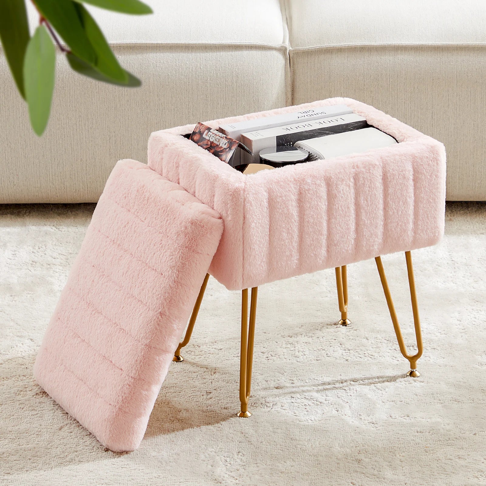 JHK Faux Fur Living Room Hidden Storage StoolHome