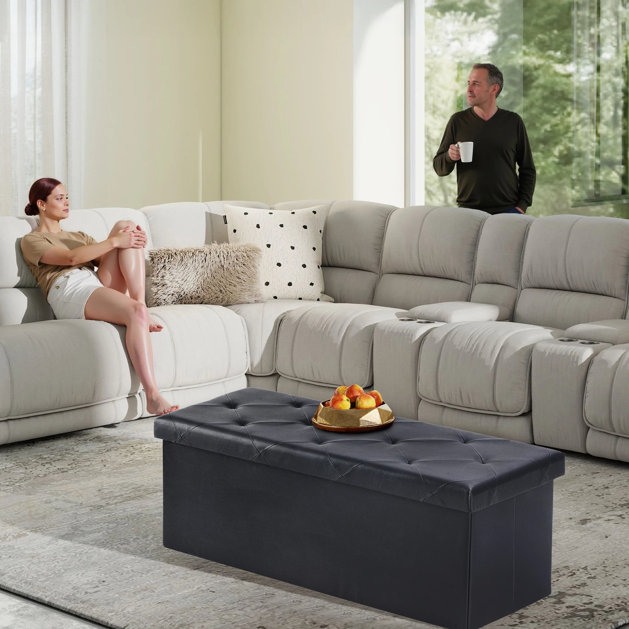 JHK 43 Inches Leather Folding Ottoman Storage Footstool