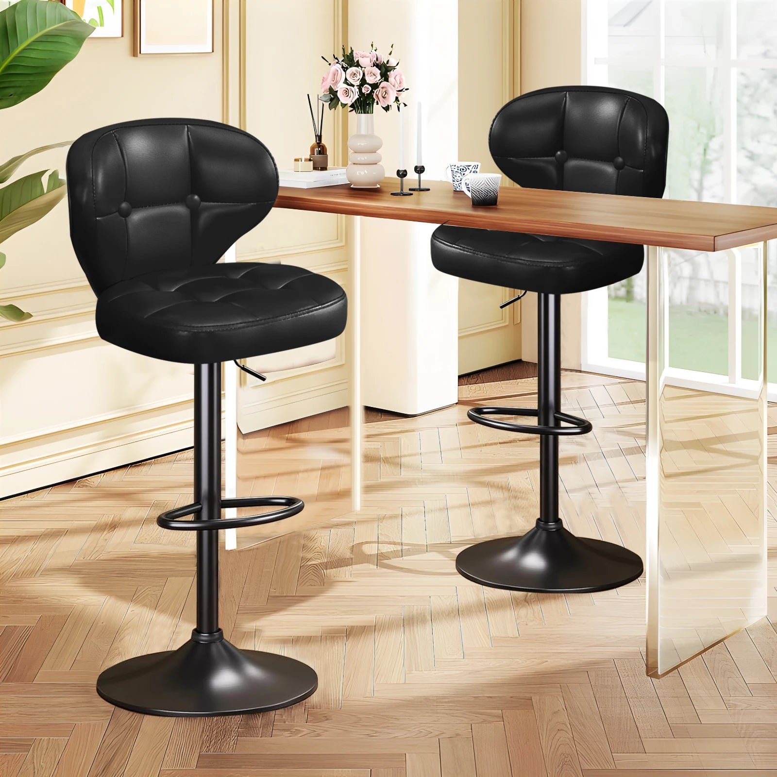 Bar Stools Set of 4, Adjustable Swivel Counter Height Chairs with Backrest and Footrest, Faux Leather