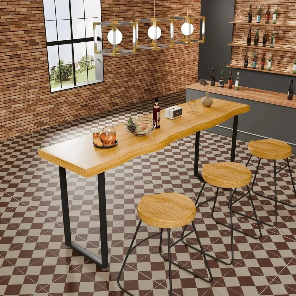 55 Inch Live Edge Solid Wood Bar Table with Metal Legs