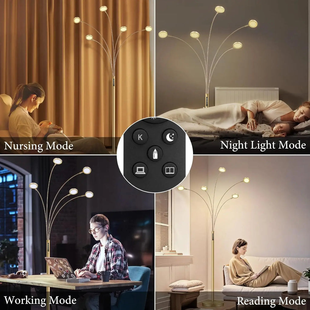 GOLD ADJUSTABLE ARMS LED TALL FLOOR LAMP REMOTE CONTROL DIMMABLE