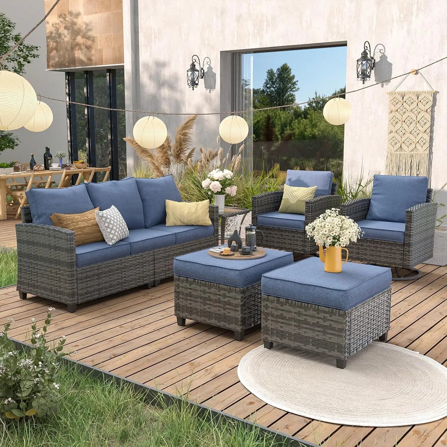6pc Gray PE Rattan Sectional Sofa Set Swivel Chair & Side Table 4" Cushions