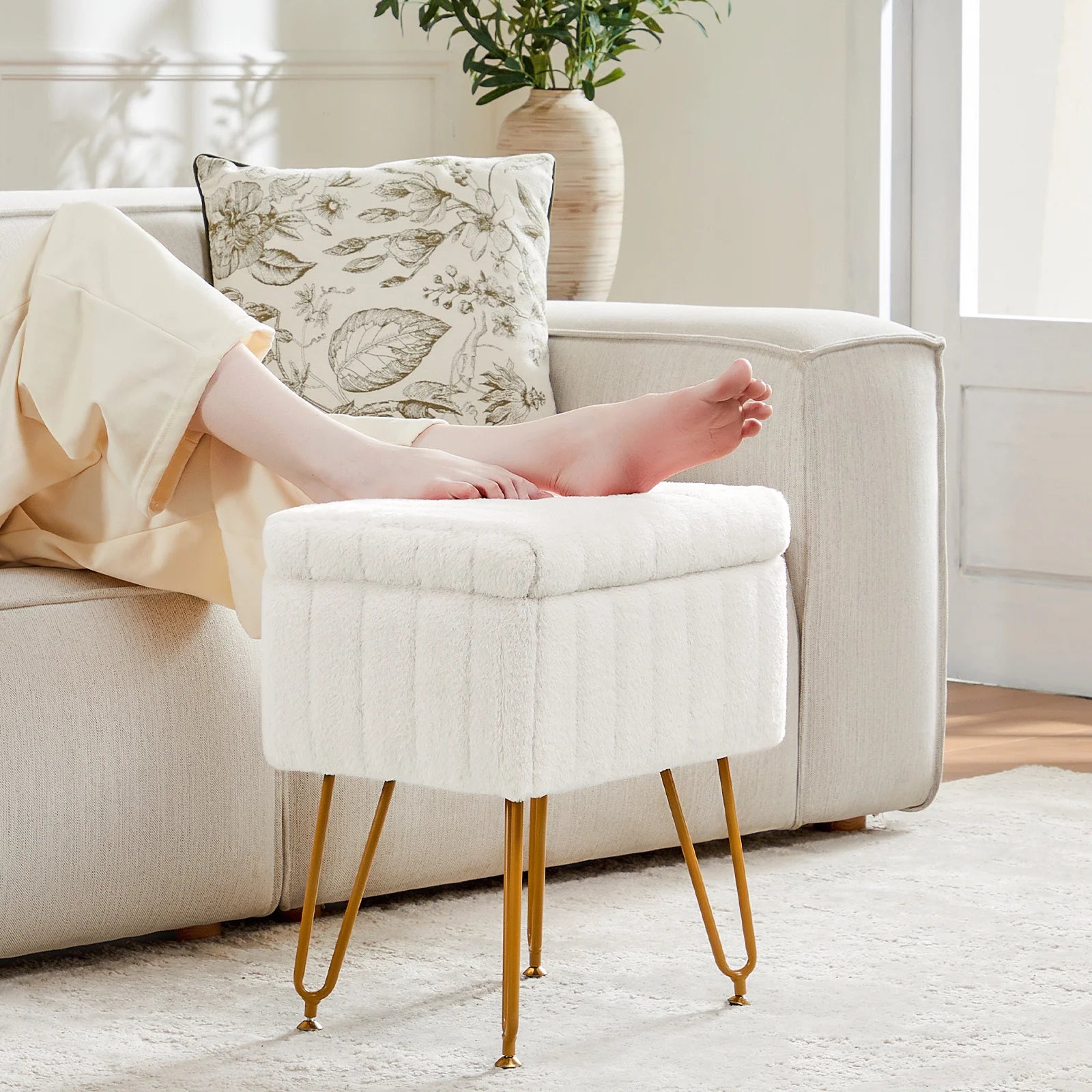 JHK Faux Fur Living Room Hidden Storage StoolHome