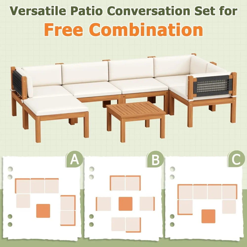 7 Piece Acacia Wood Patio Sofa, Outdoor Sectional Coach and Love Seat with Coffee Table