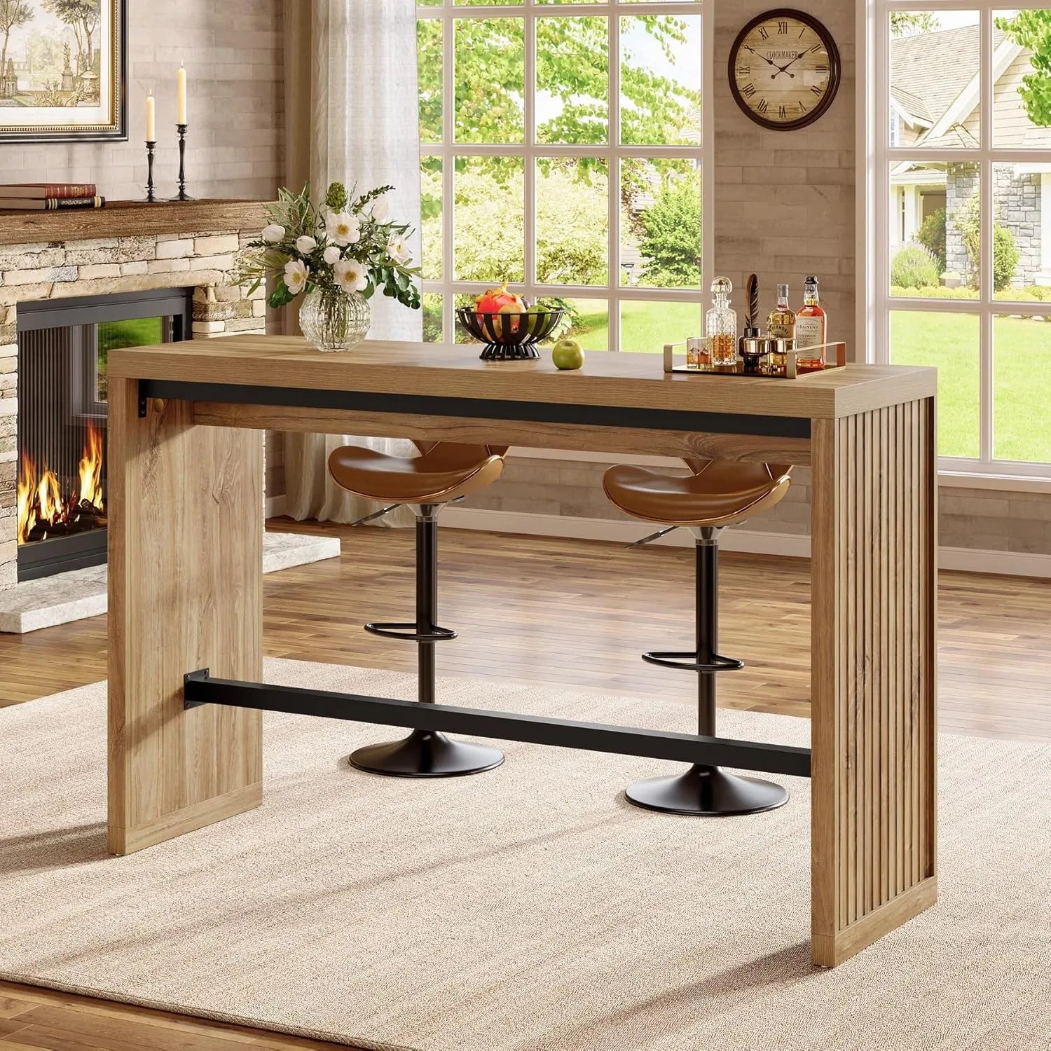 Rectangular Bar Table, 55-Inch Counter Height Pub Table with Metal Footrest