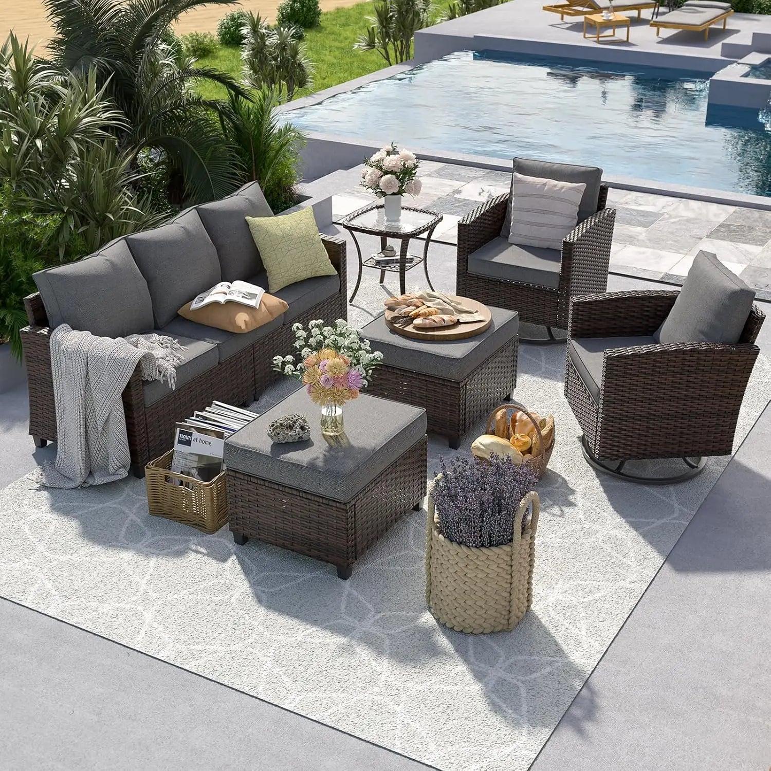6pc Gray PE Rattan Sectional Sofa Set Swivel Chair & Side Table 4" Cushions
