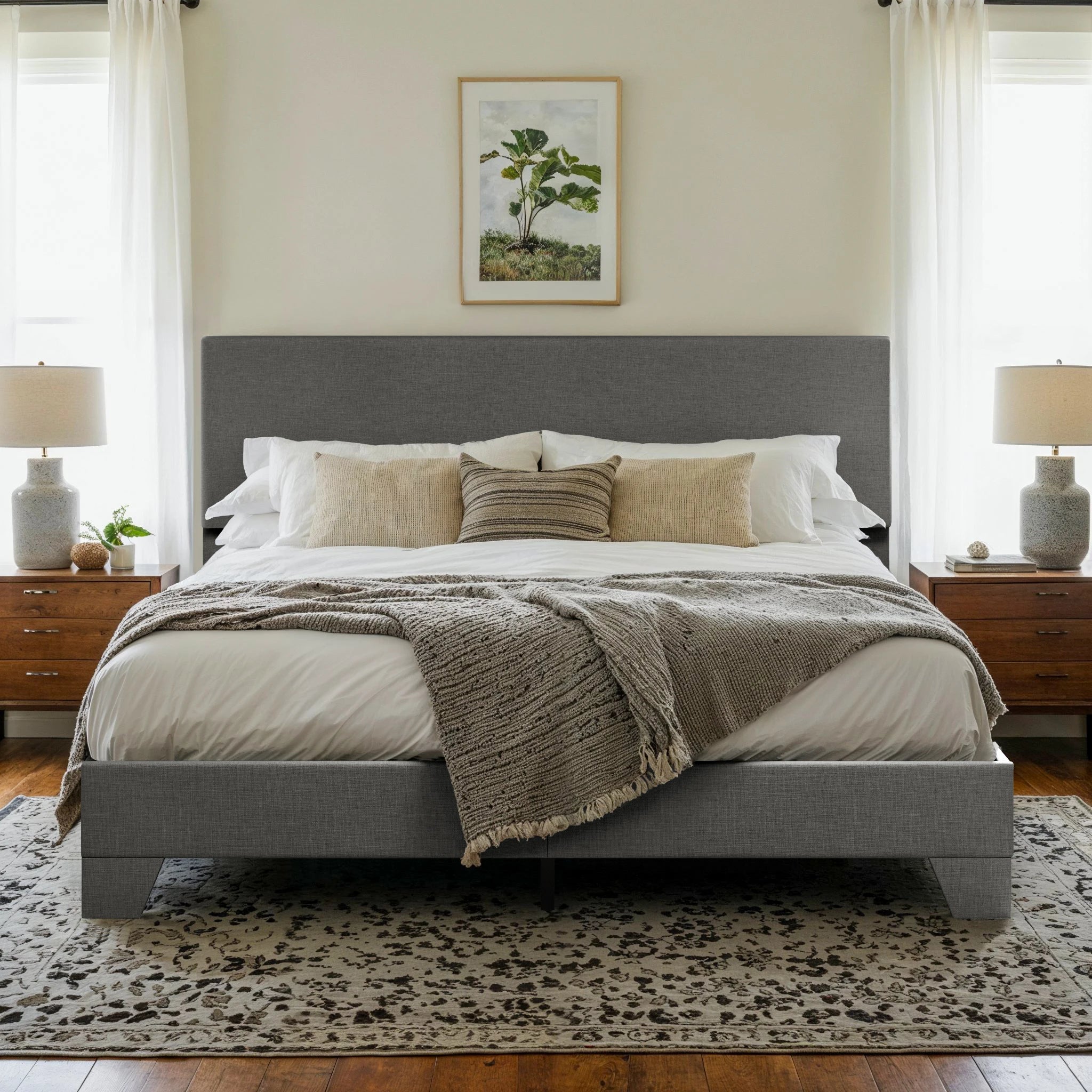 HOOMIC Upholstered Bed Frame with Adjustable Headboard, Soft Linen Fabric