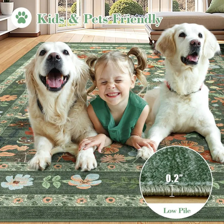 Green Floral Area Rug 5x7 Vintage Boho Washable
