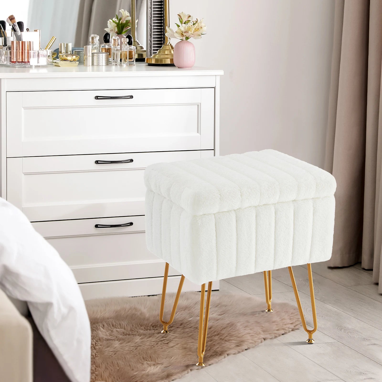 JHK Faux Fur Living Room Hidden Storage StoolHome