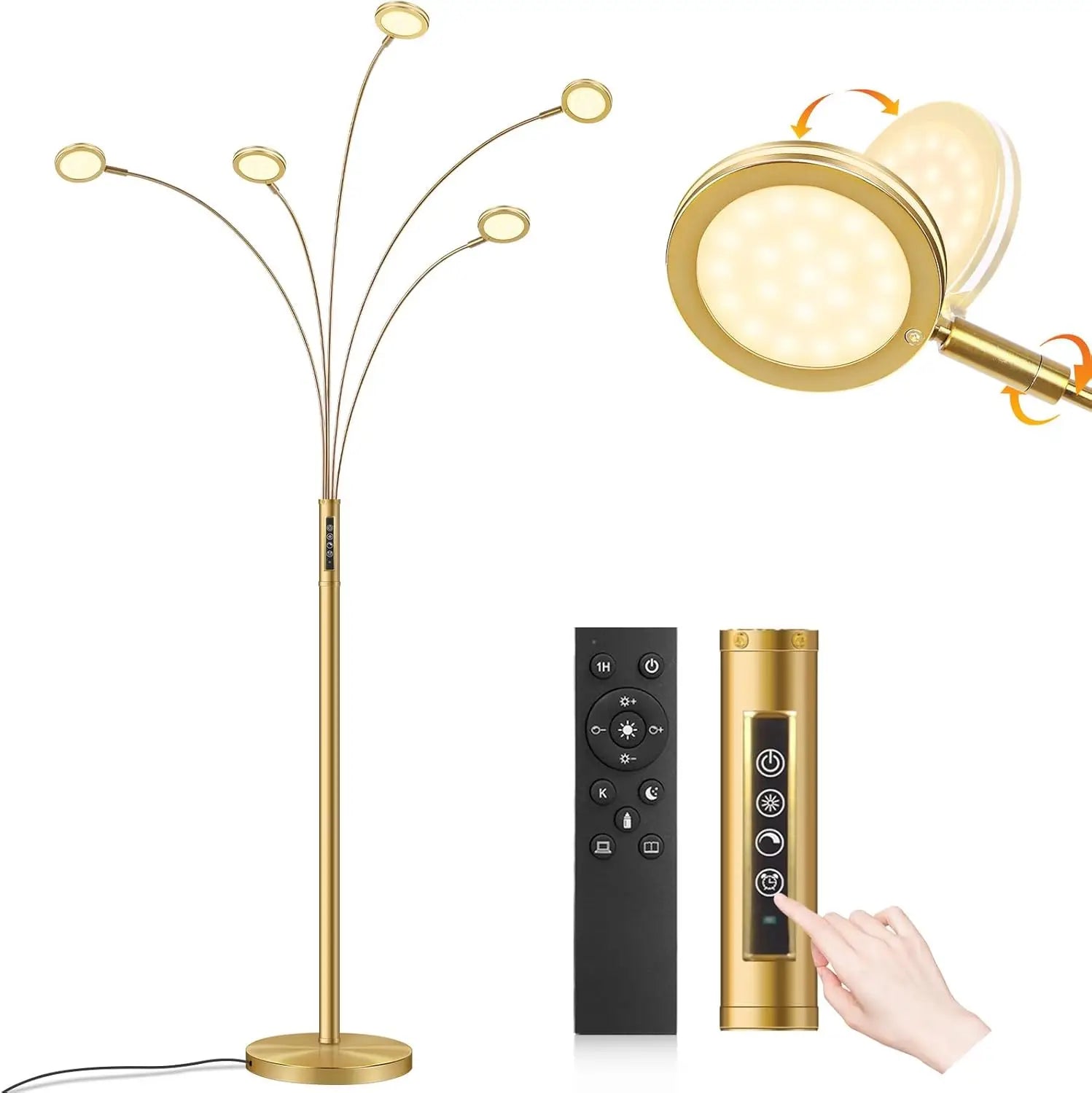 GOLD ADJUSTABLE ARMS LED TALL FLOOR LAMP REMOTE CONTROL DIMMABLE