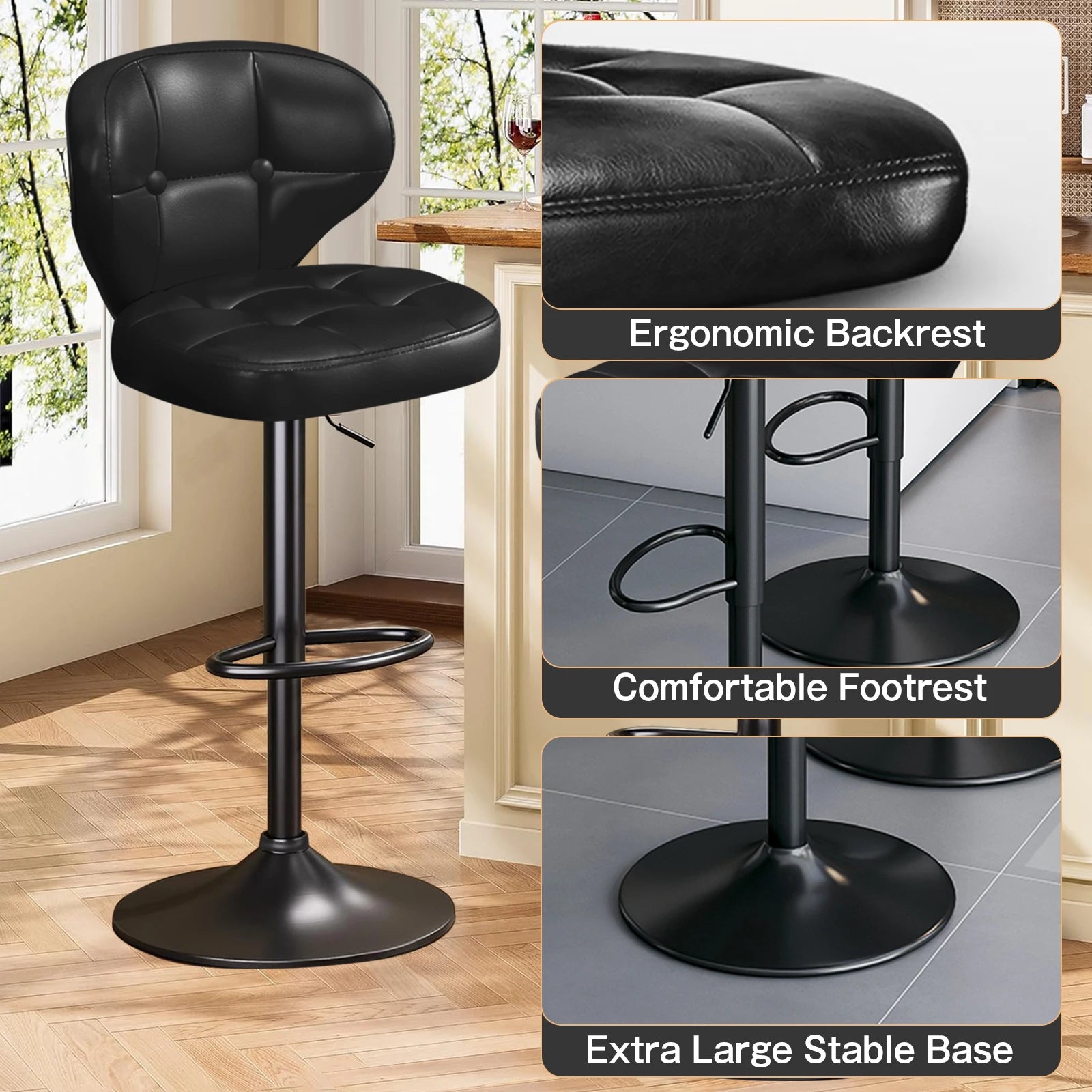 Bar Stools Set of 4, Adjustable Swivel Counter Height Chairs with Backrest and Footrest, Faux Leather