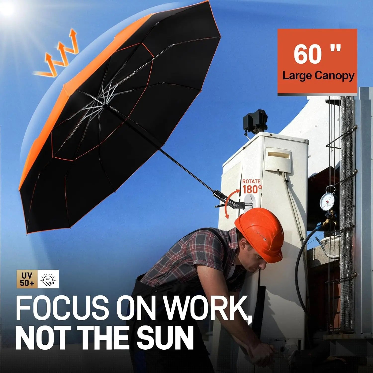 60" Folding Magnetic Umbrella for Outdoor Work, 600lb Suction HVAC Umbrella with Adjustable Sun & Rain Protection