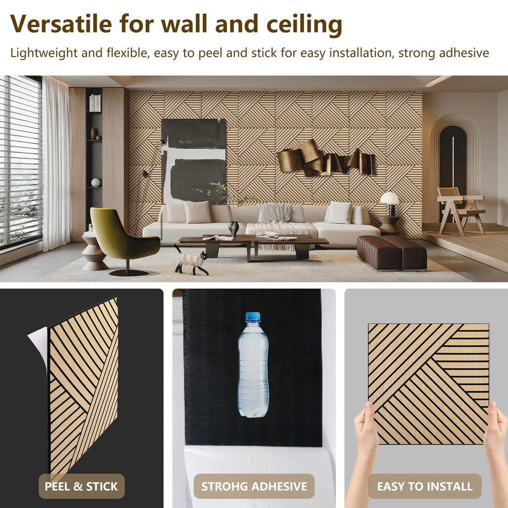 4 Packs Acoustic 3D Wood Slat Wall Panels Self-Adhesive Sound Absorbing for Noise Reduction Home & Garden Decor