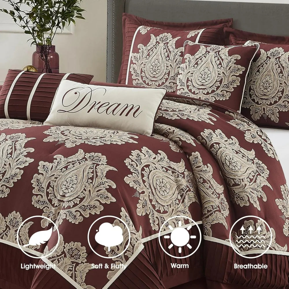 7-Piece Burgundy Jacquard Damask Comforter Set