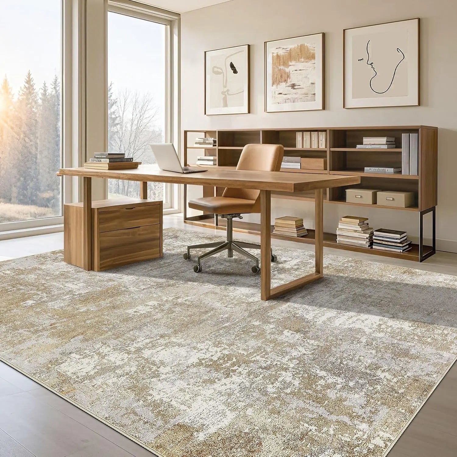 Modern Abstract Neutral Washable Area Rug