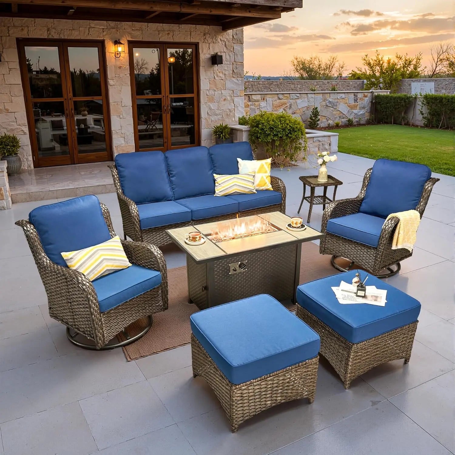 7 Pieces Patio Furniture Set, Outdoor Wicker Sofa Couch with Swivel Chairs 42" Fire Pit Table