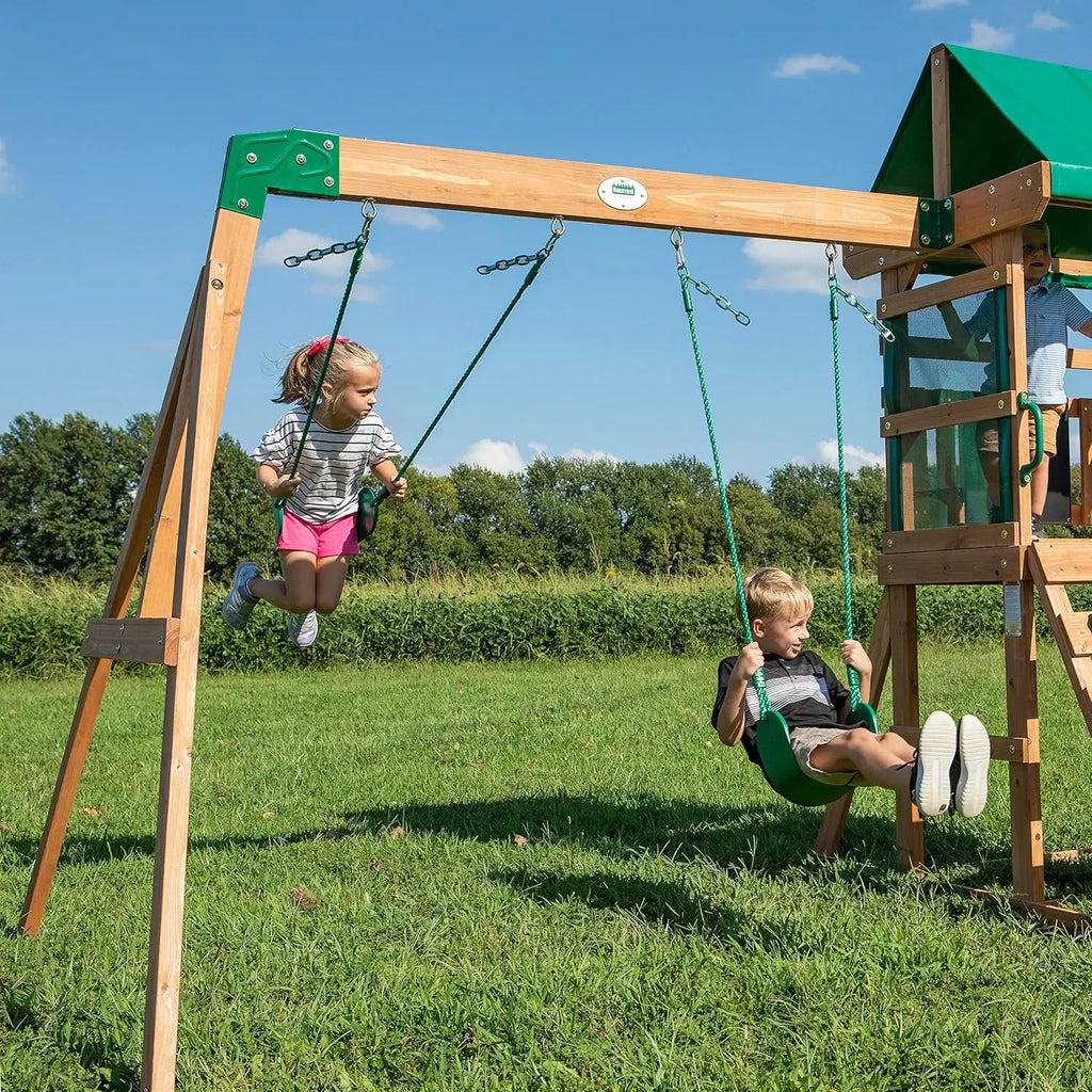 Buckley Hill Cedar Wood Swing Set with Wave Slide, Play Deck, Rock Wall Ladder, Belt Swings, Chalkboard,