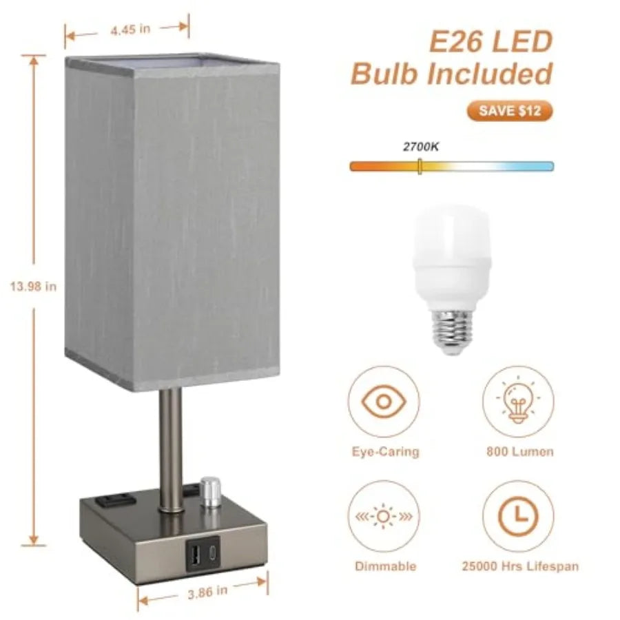 Grey Fully Dimmable Nightstand Lamps Set of 2