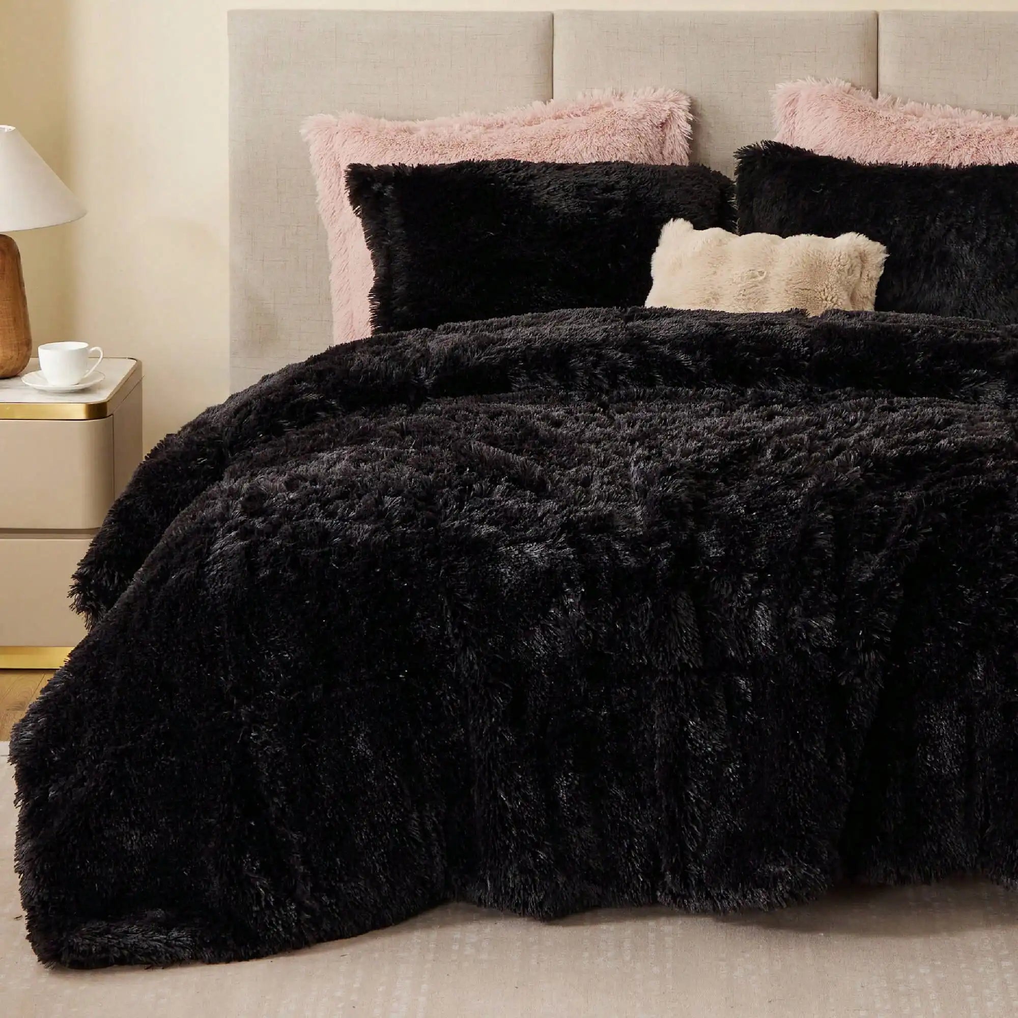 Shaggy Faux Fur Comforter Set With Matching Sham Ultra Soft Plush Reversible All Season Bedding
