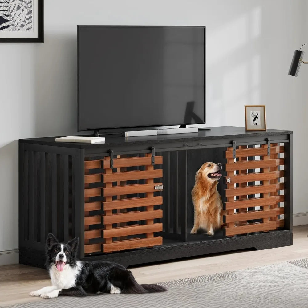 71" Double Dog Crate Furniture with Sliding Door, Heavy Duty Dual Kennel TV Stand for Large Dogs, Black & Walnut