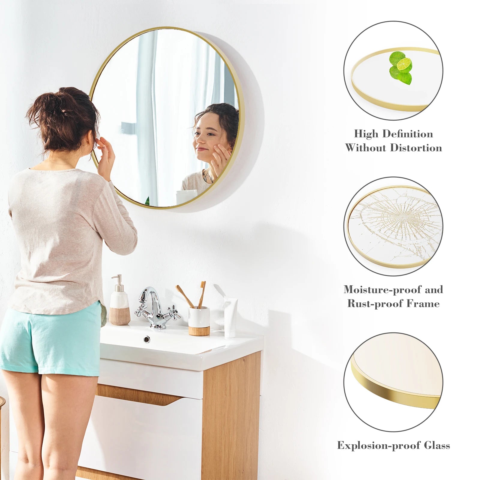 JHK Large Gold Round Vanity Framed Mirror