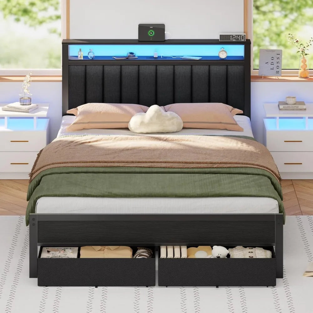 Bed Frame with Charging Station and LED Lights