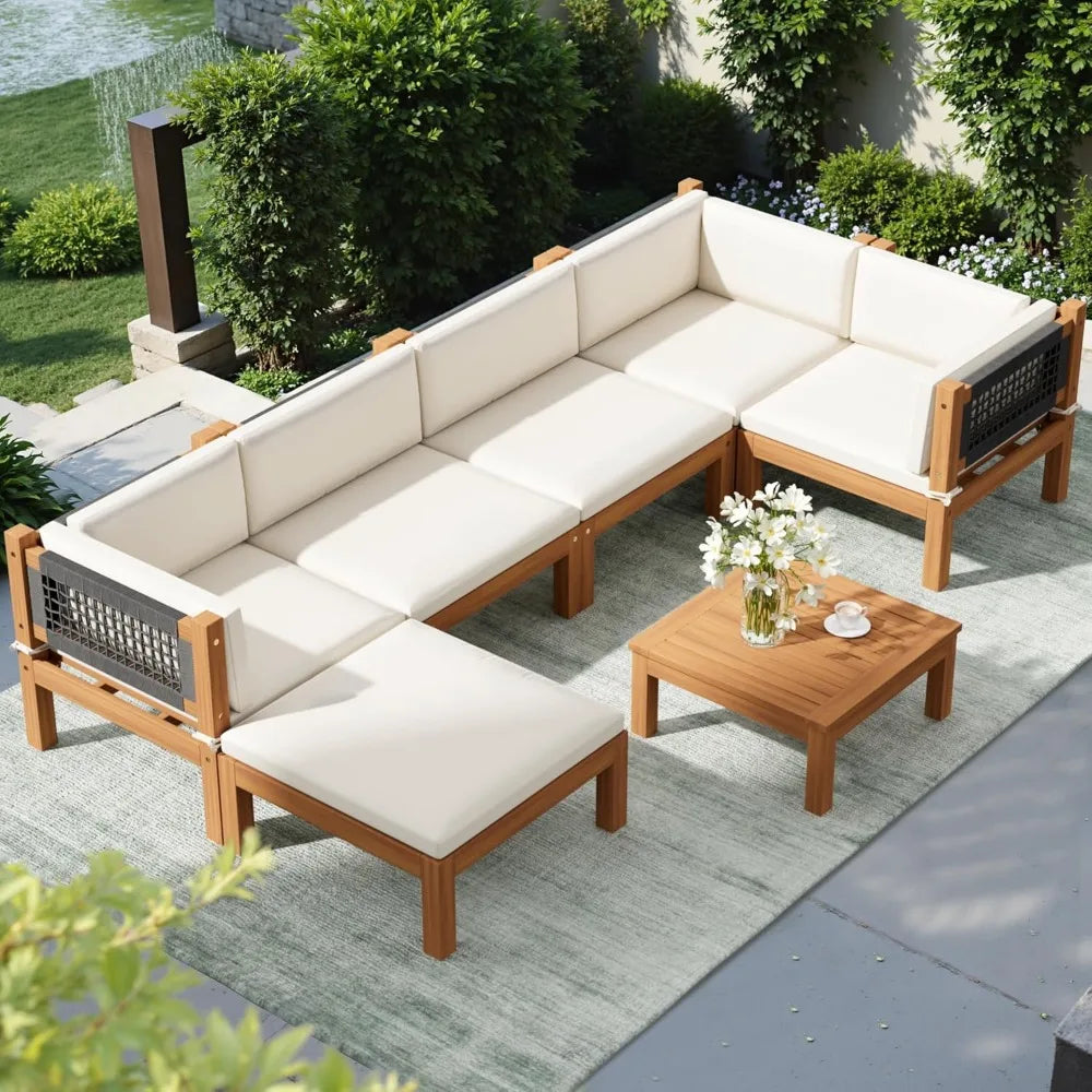7 Piece Acacia Wood Patio Sofa, Outdoor Sectional Coach and Love Seat with Coffee Table
