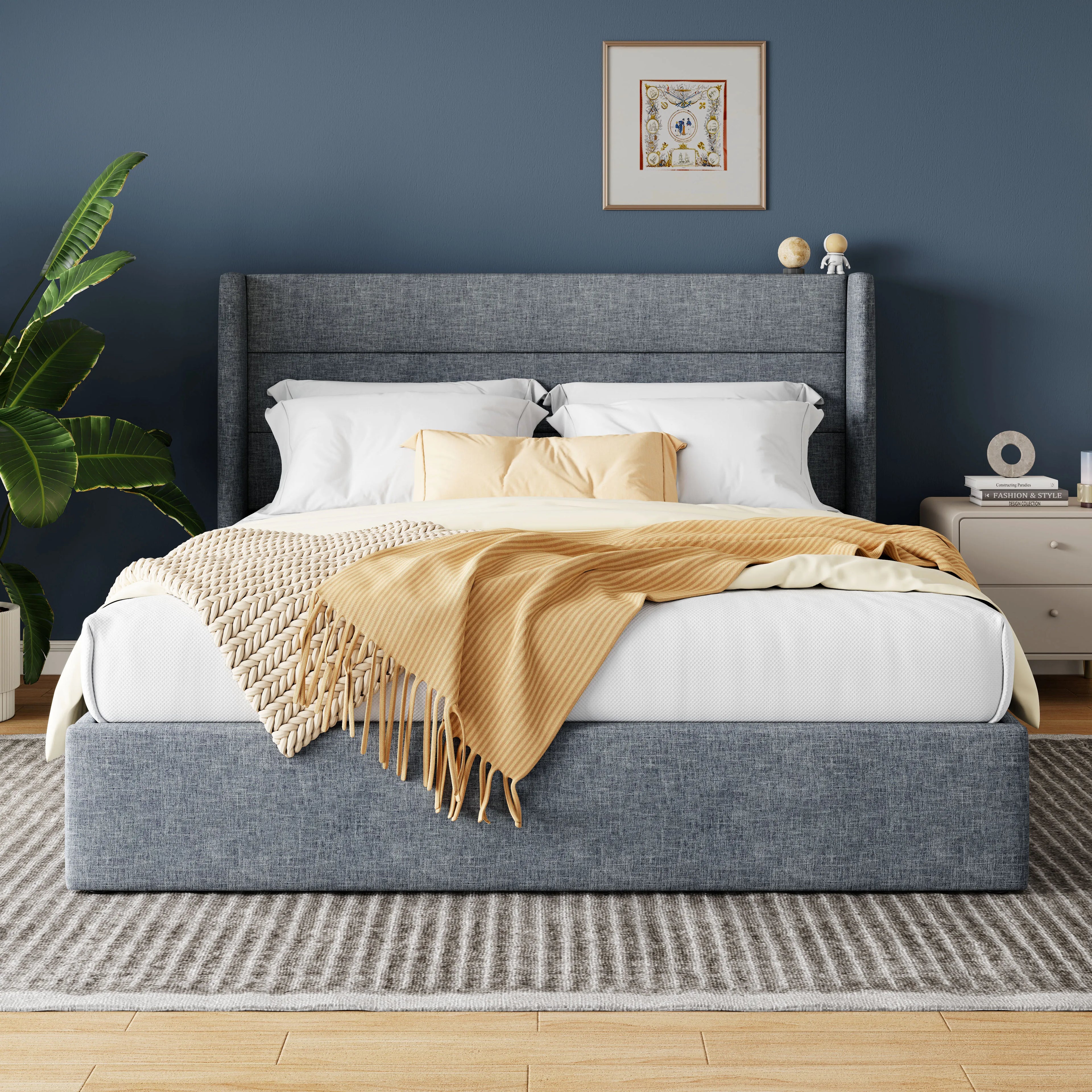 HOOMIC Lift Up Storage Bed with Wingback Headboard/Heavy-Duty Hydraulic Bed/Large Underneath Storage